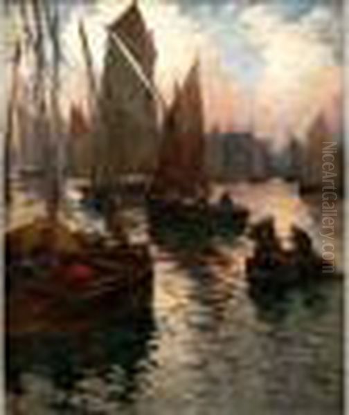 Barques De Peche Dans Le Port, Le Soir Oil Painting by Fernand Marie Eugene Legout-Gerard