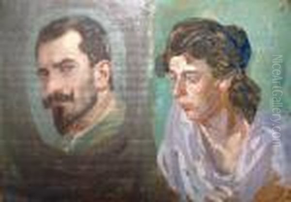 Deux Etudes De Portrait / Academie D'homme Couche Oil Painting by Raphael-Leon Leguilloux