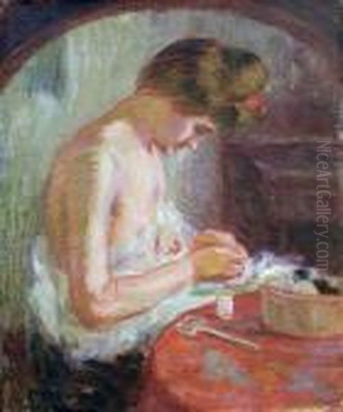 Femme Cousant(au Verso Etude De Tahitienne) Oil Painting by Raphael-Leon Leguilloux