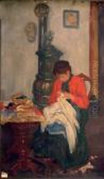 Femme Cousant Dans Un Interieur Oil Painting by Raphael-Leon Leguilloux