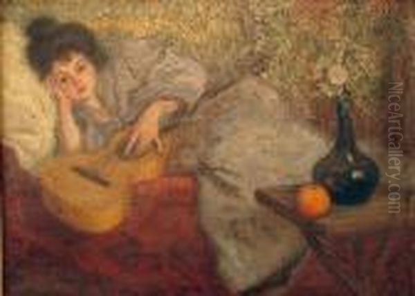 Femme A La Guitare / Femme Au Livre Oil Painting by Raphael-Leon Leguilloux