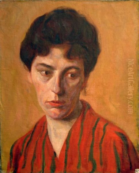 Portrait De Femme En Rouge Oil Painting by Raphael-Leon Leguilloux