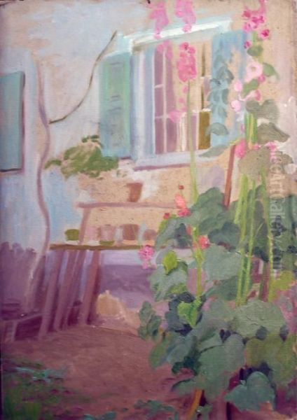 Les Roses Tremieres Du Jardin Oil Painting by Raphael-Leon Leguilloux