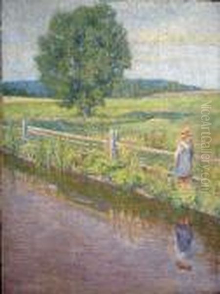 Petite Fille Au Bord D L'etang Oil Painting by Raphael-Leon Leguilloux