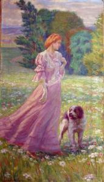 Jeune Femme Au Chien Oil Painting by Raphael-Leon Leguilloux