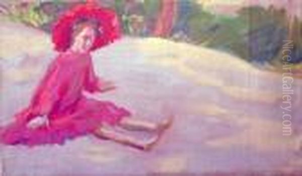 Petite Fille En Rouge Assisse Oil Painting by Raphael-Leon Leguilloux