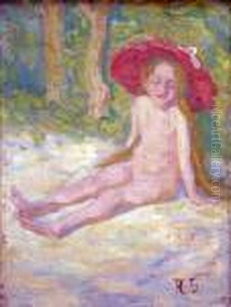 Petite Fille Au Chapeau Rouge Oil Painting by Raphael-Leon Leguilloux