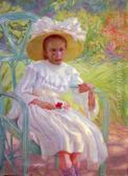 Petite Fille Au Chapeau Dans Le Jardin Oil Painting by Raphael-Leon Leguilloux