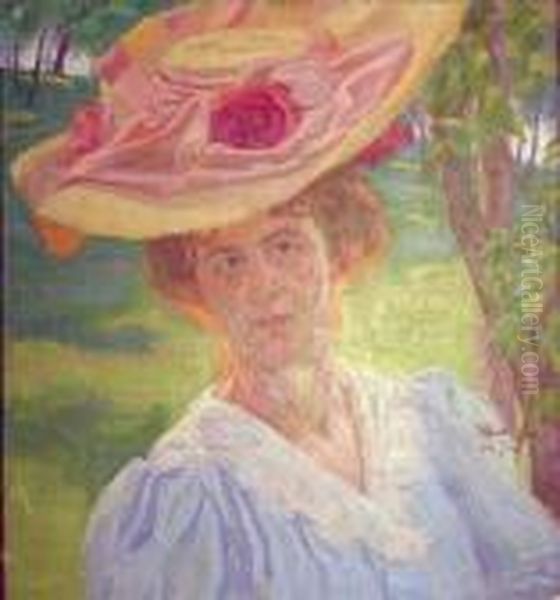 Portrait De Femme Au Chapeau Rose Oil Painting by Raphael-Leon Leguilloux