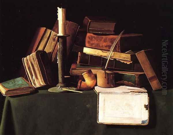 Still Life with Candle, Pipe and Books Oil Painting by John Frederick Peto