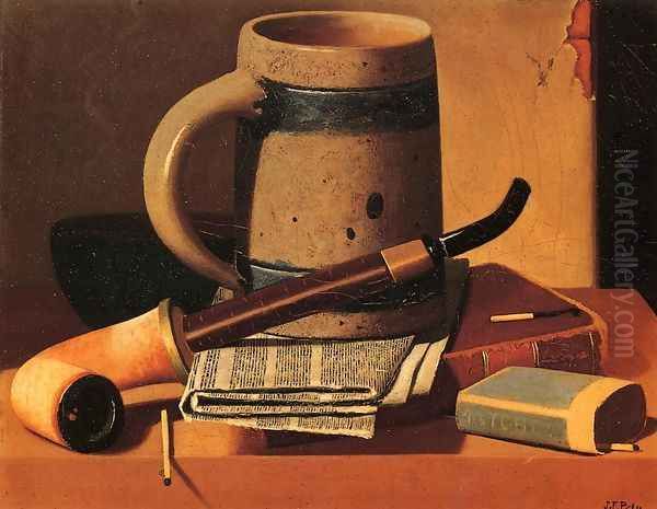 Still Life with Pipe, Beer Stein, Newspaper, Book and Matches Oil Painting by John Frederick Peto