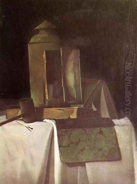 Lantern, Books and Corncob Pipe Oil Painting by John Frederick Peto