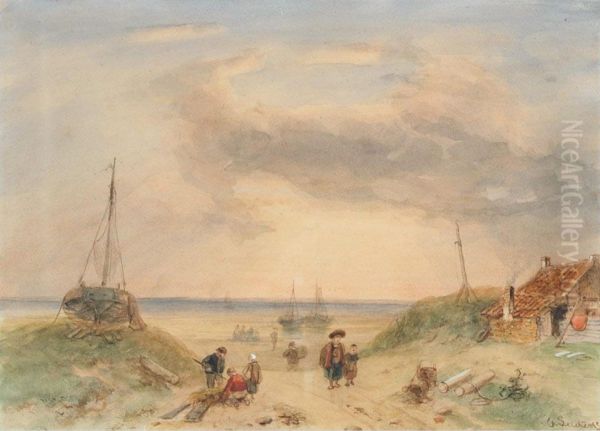 Fisherfolk On The Coast Oil Painting by Charles Henri Leickert