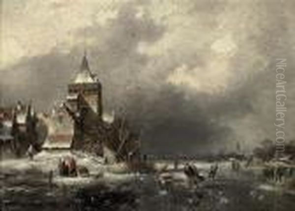 Skaters At A Dutch Village Oil Painting by Charles Henri Leickert