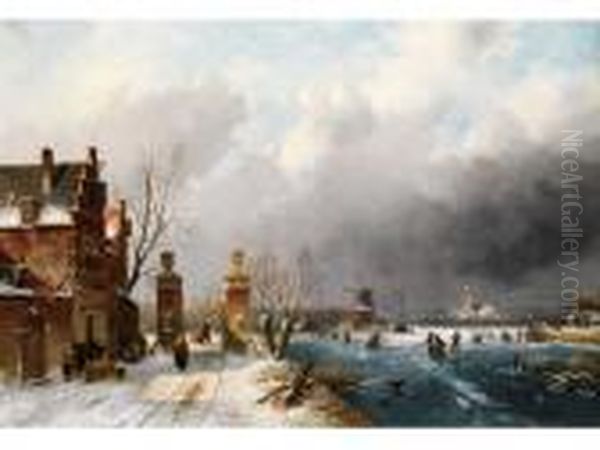 Winterlandschaft Mit Eisvergnugen Oil Painting by Charles Henri Leickert