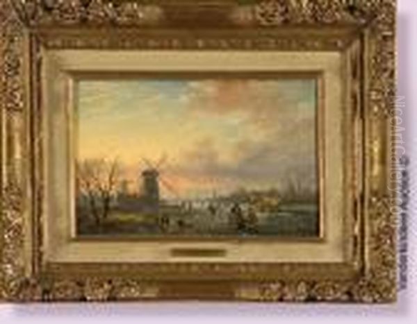 Paysage Hollandais Aux Patineurs Oil Painting by Charles Henri Leickert