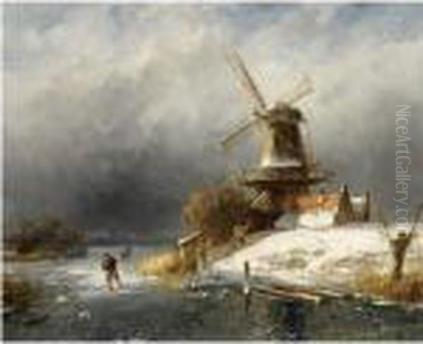 A Winter Landscape With Skaters Near A Windmill Oil Painting by Charles Henri Leickert