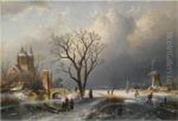 A Winter Landscape With Figures Near A Castle by Charles Henri Leickert