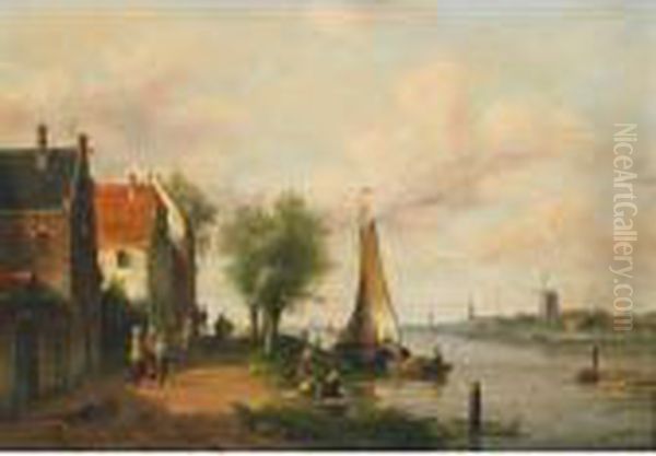 A Busy Dutch Canal Oil Painting by Charles Henri Leickert