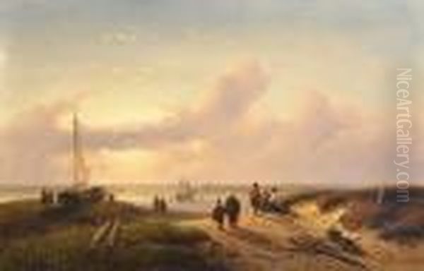 Paisaje Animado En Una Costa De Mar Oil Painting by Charles Henri Leickert