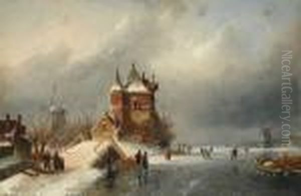 Paysage Hivernal Aux Patineurs Oil Painting by Charles Henri Leickert