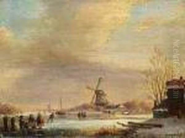 Winterliche Landschaft Mitwindmuhle Oil Painting by Charles Henri Leickert