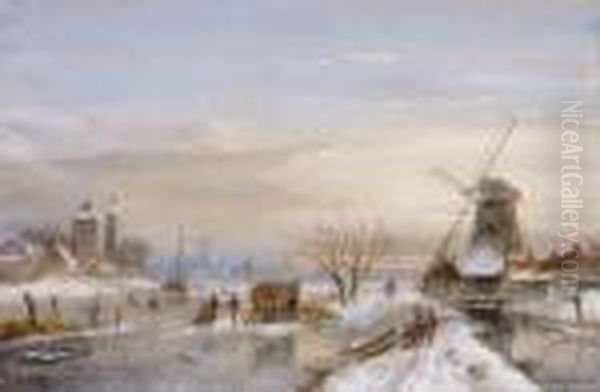 Winter Landscape With Ice Skaters Oil Painting by Charles Henri Leickert