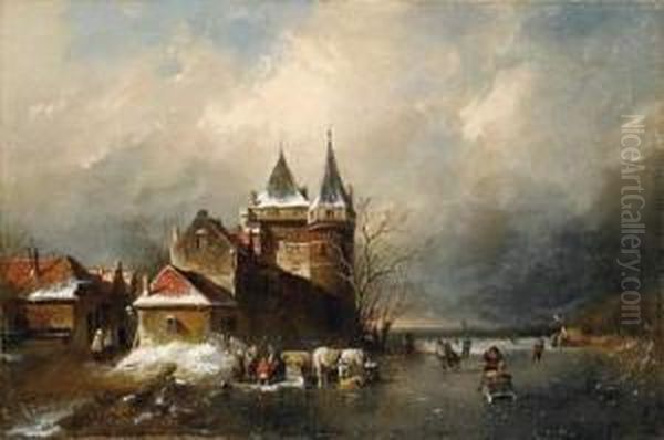 Winterly Scene With Ice Skaters Oil Painting by Charles Henri Leickert