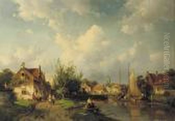 A Busy Riverside Village Oil Painting by Charles Henri Leickert