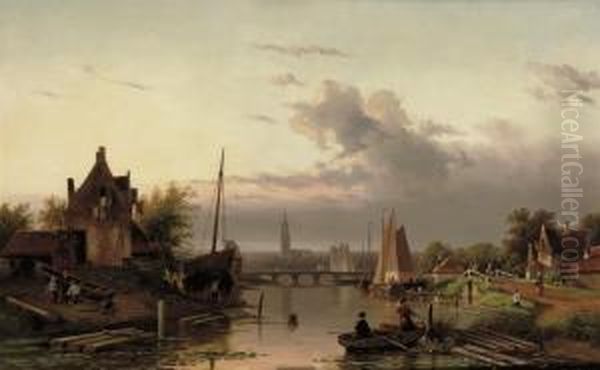 A Late Afternoon By The River Oil Painting by Charles Henri Leickert