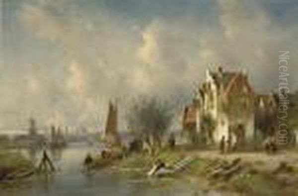 A Sunny Day By The River Oil Painting by Charles Henri Leickert