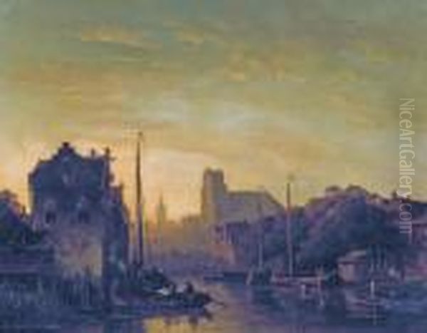 Boating At Dusk Near A Dutch Town Oil Painting by Charles Henri Leickert