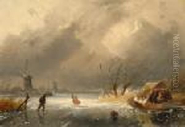 Winter Scene With Ice Skaters Oil Painting by Charles Henri Leickert