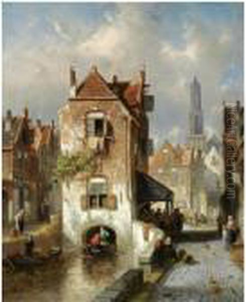 A View Of Utrecht, The Dom Tower In The Distance Oil Painting by Charles Henri Leickert