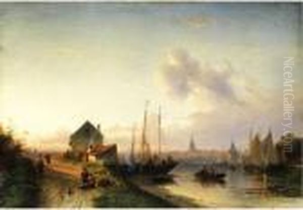 Hollandische Stadtlandschaft Mit
 Blick Auf Einen Fluss Mit Segelschiffen Und Kahnen Sowie Hutten Am Ufer Oil Painting by Charles Henri Leickert