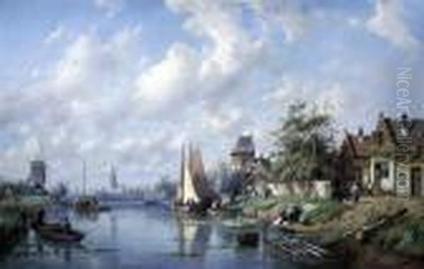 Canal Scene In Summertime Oil Painting by Charles Henri Leickert