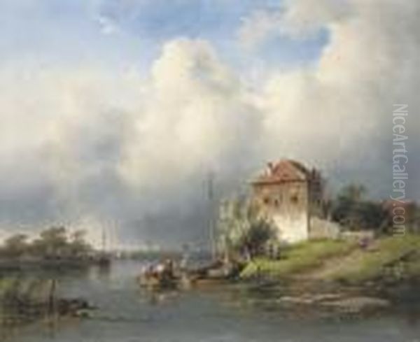 A Dutch River Landscape Oil Painting by Charles Henri Leickert