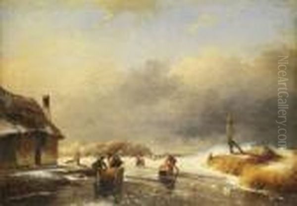 Winterlandschaft Mit Strohschlitten Und Pferden Auf Vereisterflache Oil Painting by Charles Henri Leickert