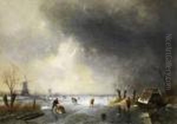 Schlittschuhlaufer In Vereister Polderlandschaft Oil Painting by Charles Henri Leickert