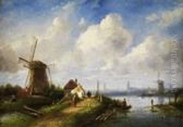 Sommerliche Flusslandschaft Mit Windmuhlen Oil Painting by Charles Henri Leickert