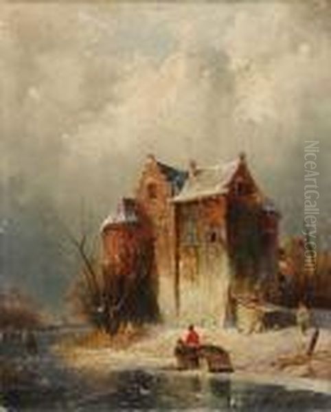 Winterlandschaft Mit Zugefrorenem Fluss Oil Painting by Charles Henri Leickert