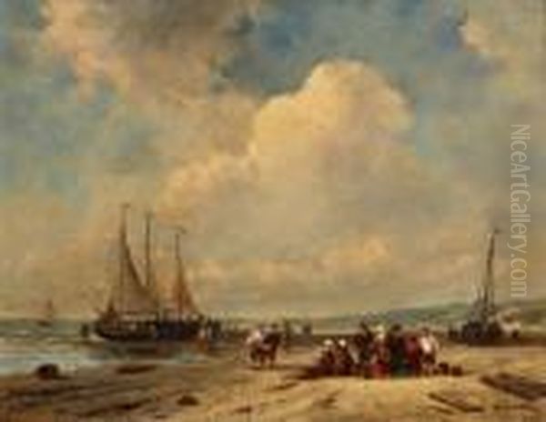 Vissersvolk Op Het Strand Bij Binnenkomst Van De Vloot Oil Painting by Charles Henri Leickert