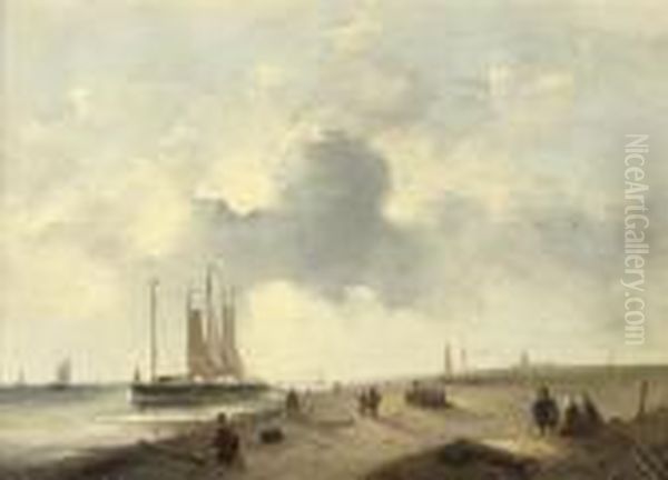 Moored Ships Off A Dutch Coast Oil Painting by Charles Henri Leickert