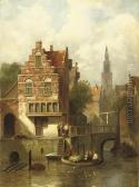 Daily Life In A Dutch Town Oil Painting by Charles Henri Leickert