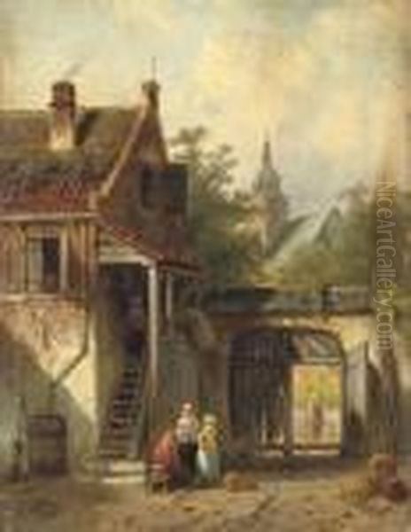 In The Courtyard Oil Painting by Charles Henri Leickert