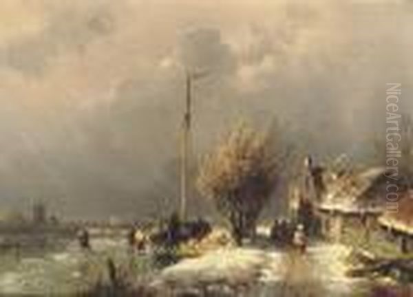 Along A Frozen River Oil Painting by Charles Henri Leickert