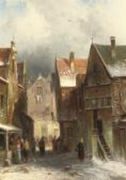 A Snow-covered Street Oil Painting by Charles Henri Leickert