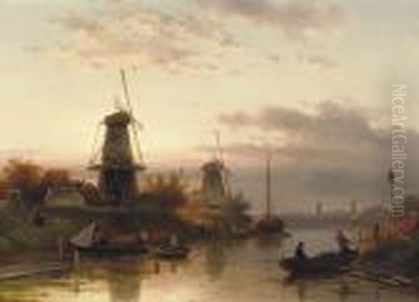 Windmills Along A River At Sunset Oil Painting by Charles Henri Leickert