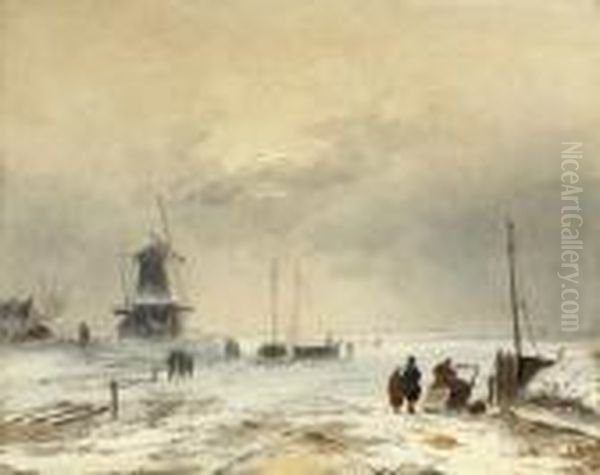 A Cold Afternoon In Winter Oil Painting by Charles Henri Leickert