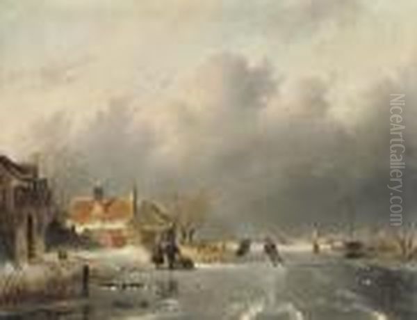 Skaters On The Ice With A Koek-en-zopie Beyond Oil Painting by Charles Henri Leickert